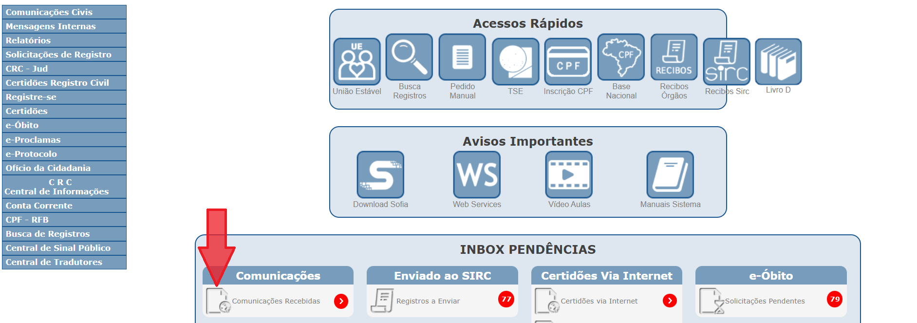 Tela das comunicações recebidas no CRC
